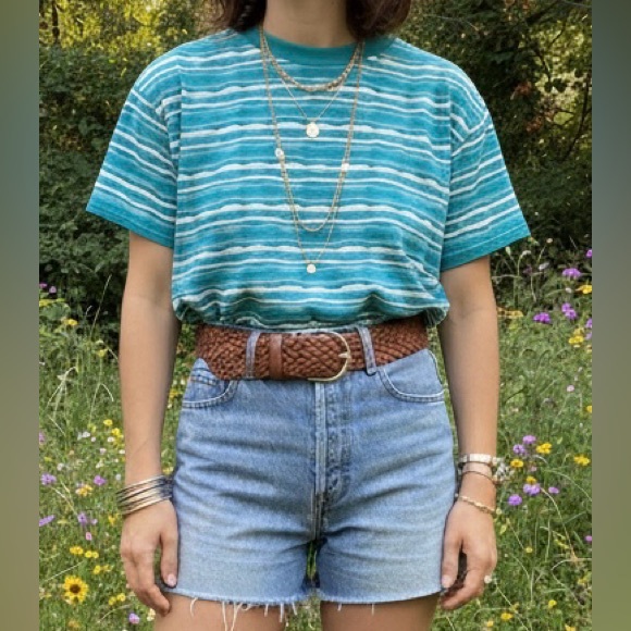 Vintage New Moves Striped Knit Tee Turquoise White XL Made in USA - Picture 1 of 6